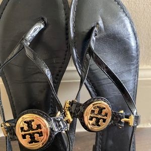 Tory Burch Slingback and T strap black patent sandals